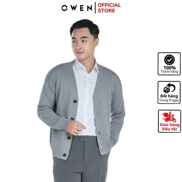 Áo len nam owen ALD241279 màu xám cài cúc dáng suông regular fit cổ V chất liệu Acrylic