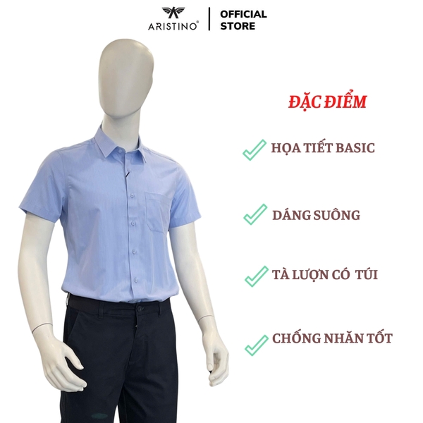 Áo Sơ Mi Nam Ngắn Tay Aristino ASS056AZ màu xanh solid dệt dobby