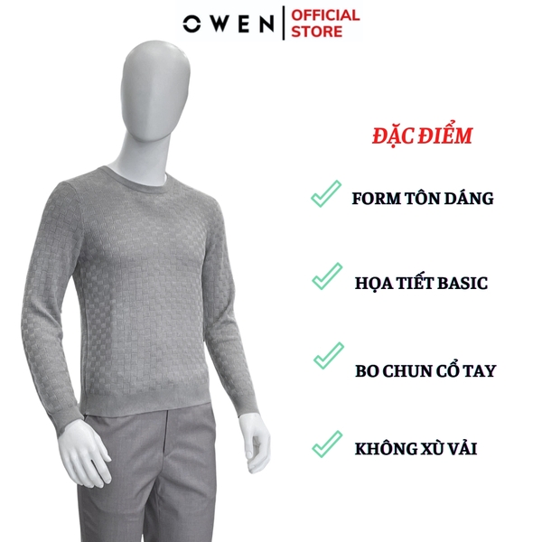 Áo len nam owen ALC241290 màu xám nhạt họa tiết dáng suông regular fit cổ tròn bo tay gấu chât liệu acrylic cotton