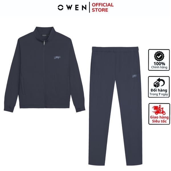 Bộ mặc nhà OWEN BMN241335 màu xanh đậm dáng reguler, áo cổ 3 phân, khóa kéo, tay và gấu bo chun, quần cạp chun ống suông chất liệu CVC spandex