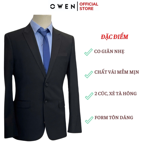Ves bộ OWEN VES242715 màu đen dáng slimfit, 1 khuy, xẻ tà 2 bên chất liệu Spandex