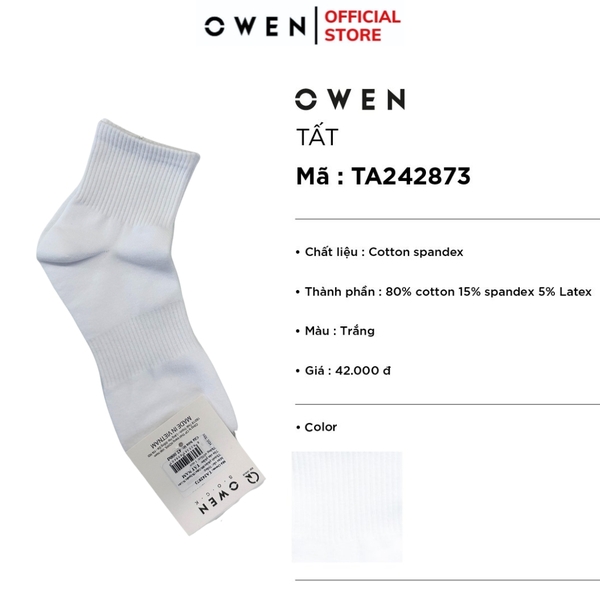 Tất Nam Owen TA242873 màu trắng kiểu vớ cổ cao chất liệu cotton spandex