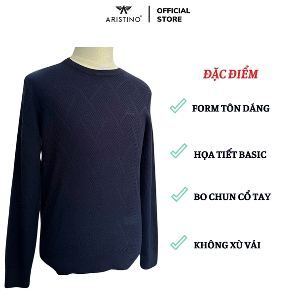 Áo len nam Aristino AWOU08BZ Màu Trắng 6 jacquard họa tiết, Xanh Tím Than 158 jacquard họa tiết, Xanh Tím Than 25 jacquard họa tiết