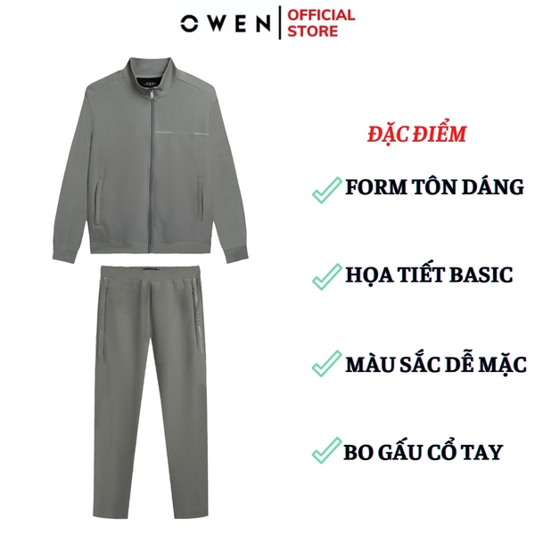 Bộ mặc nhà OWEN BMN241329 màu xám  dáng reguler fit cổ 3 phân kéo khóa bo chun gấu tay chất liệu Poly spandex