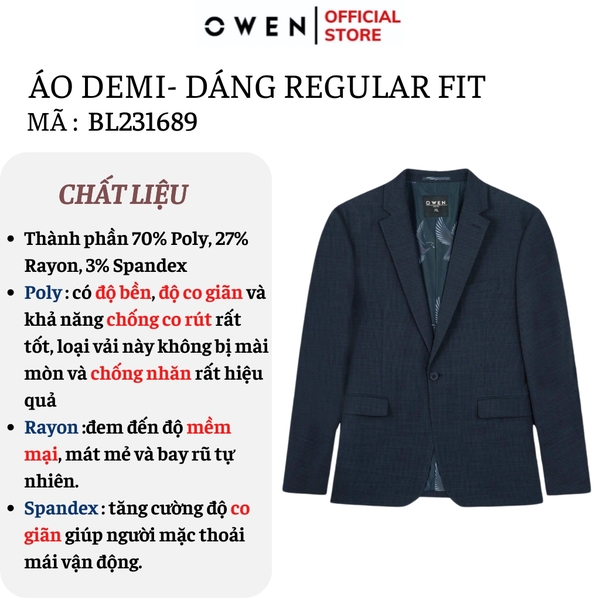 Áo Demi - Blazer Owen BL231689 màu xanh navy kẻ chìm dáng regular fit chất vải polyester