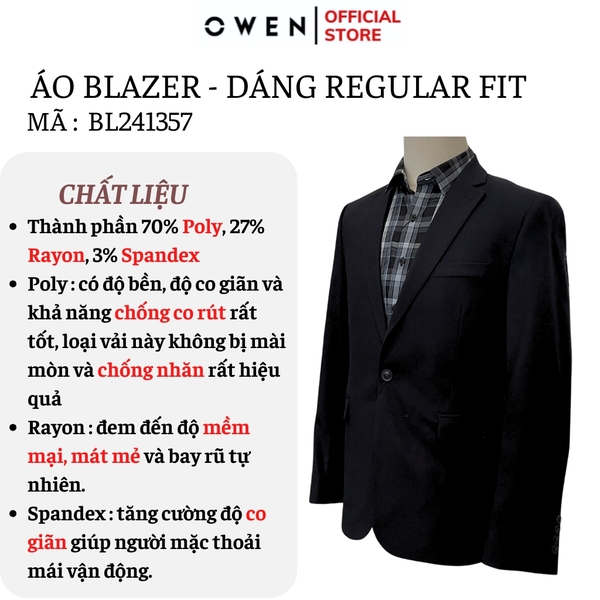 Áo Demi - Blazer Owen BL241350 màu xanh tím than dáng suông regular fit 1 cúc tà xẻ 2 bên chất liệu TR spandex