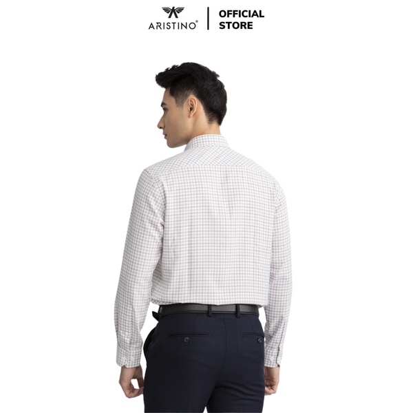 Áo Sơ Mi Nam Dài Tay Aristino ALS09102 màu trắng nâu dệt dobby dáng suông regular fit tà lượn có túi ngực chất liệu polyester