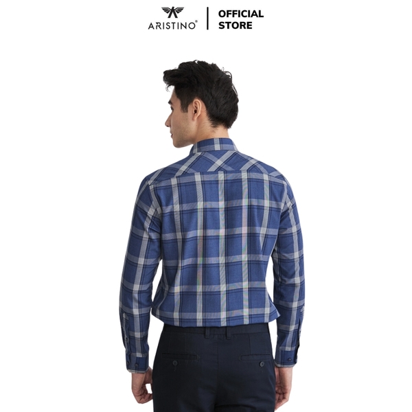 Áo Sơ Mi Nam Dài Tay Aristino ALS12802 màu xanh than kẻ trắng dáng suông regular fit tà lượn có túi ngực chất liệu sợi tre