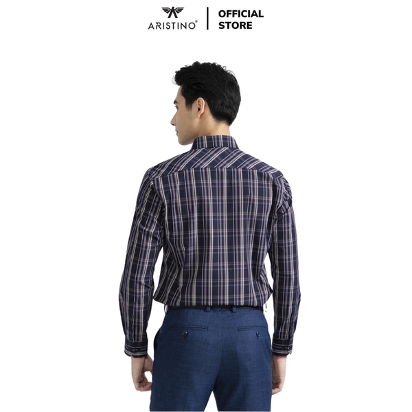 Áo Sơ Mi Nam Dài Tay Aristino ALS38502 màu xanh tím than kẻ caro dáng suông regular fit tà lượn có túi ngực chất liệu sợi tre
