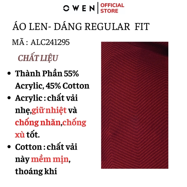 Áo len nam owen ALC241295 màu đỏ vân sọc chìm dáng suông regular fit cổ 3 phân chất liệu Acrylic