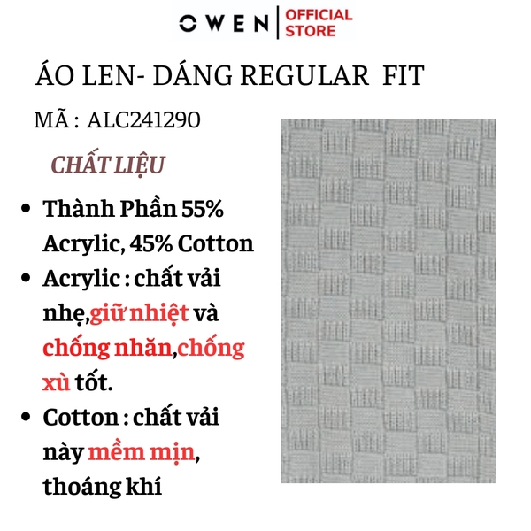 Áo len nam owen ALC241290 màu xám nhạt họa tiết dáng suông regular fit cổ tròn bo tay gấu chât liệu acrylic cotton