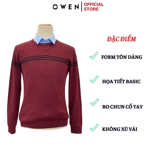 Áo len nam owen ALC241294 màu đỏ kẻ đen ngang dáng suông regular fit cổ tròn chất liệu Acrylic