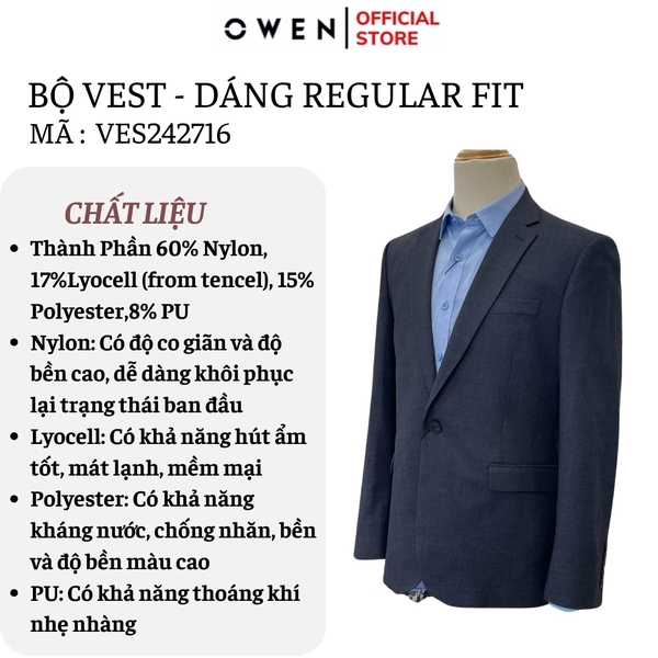 Ves bộ OWEN VES242717 màu xanh nhạt dáng slimfit, 1 khuy, xẻ tà 2 bên chất liệu TR Spandex