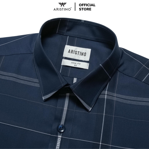 Áo Sơ Mi Nam Dài Tay Aristino ALS2150Z màu xanh tím than kẻ dáng ôm slim fit tà lượn không túi chất liệu sợi tre