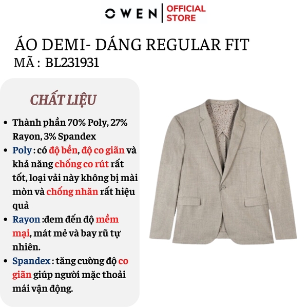 Áo Demi - Blazer Owen BL231931 màu be đậm dáng regular fit chất vải polyester