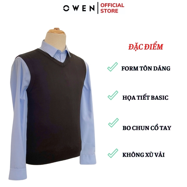 Áo len nam owen ALG241281 màu đen trơn áo gile cổ tim dáng suông regular fit chất liệu Acrylic
