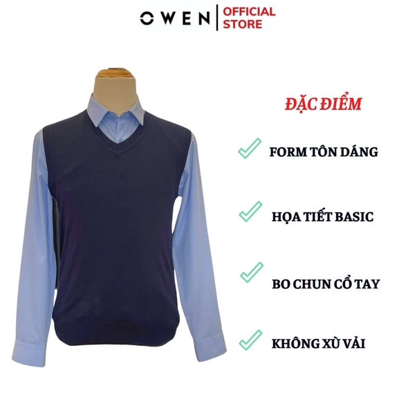 Áo len nam owen ALG241282 màu xanh tím than áo gile cổ tim dáng suông regular fit chất liệu Acrylic