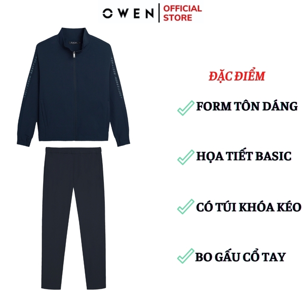 Bộ mặc nhà OWEN BMN241338 màu xanh than đậm dáng reguler, áo cổ 3 phân, khóa kéo, tay và gấu bo chun, quần cạp chun ống suông chất liệu CVC spandex
