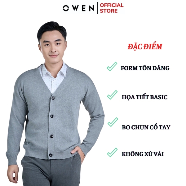 Áo len nam owen ALD241279 màu xám cài cúc dáng suông regular fit cổ V chất liệu Acrylic