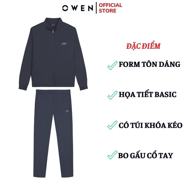 Bộ mặc nhà OWEN BMN241335 màu xanh đậm dáng reguler, áo cổ 3 phân, khóa kéo, tay và gấu bo chun, quần cạp chun ống suông chất liệu CVC spandex