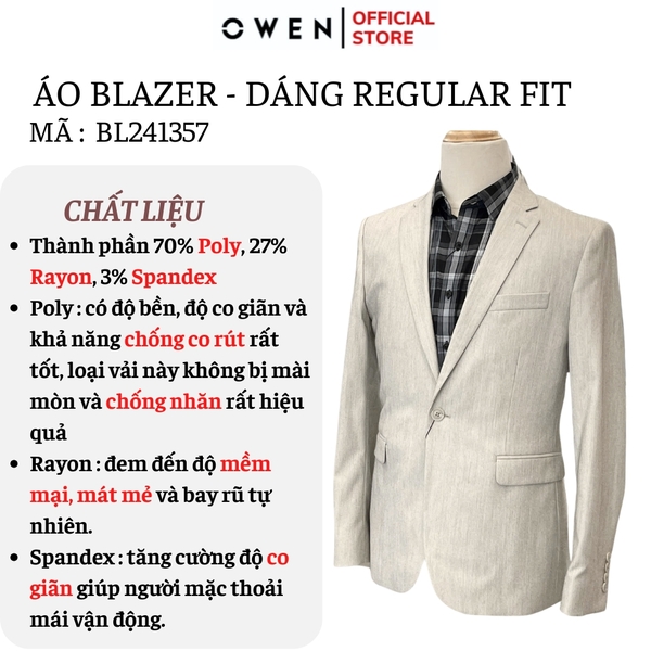 Áo Demi - Blazer Owen BL241356 màu be nhạt dáng suông regular fit 1 cúc tà xẻ 2 bên chất liệu TR spandex