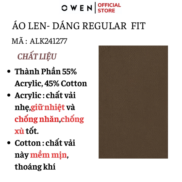Áo len nam owen ALK241277 áo khoác len màu nâu dáng suông regular fit cổ 3 phân khóa kéo hai túi bo tay gấu chât liệu acrylic cotton