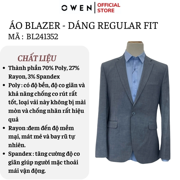 Áo Demi - Blazer Owen BL241352 màu xám dáng regular fit 1 cúc tà xẻ hai bên chất liệu TR Spandex