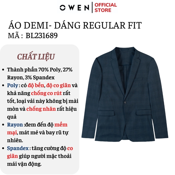 Áo Demi - Blazer Owen BL231705 màu kẻ caro xanh đậm dáng regular fit chất vải polyester