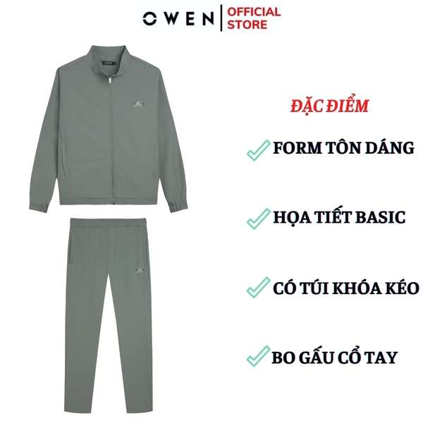 Bộ mặc nhà OWEN BMN241334 màu xanh xám dáng reguler, áo cổ 3 phân, khóa kéo, tay và gấu bo chun, quần cạp chun ống suông chất liệu CVC spandex