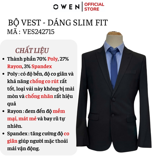 Ves bộ OWEN VES242715 màu đen dáng slimfit, 1 khuy, xẻ tà 2 bên chất liệu Spandex