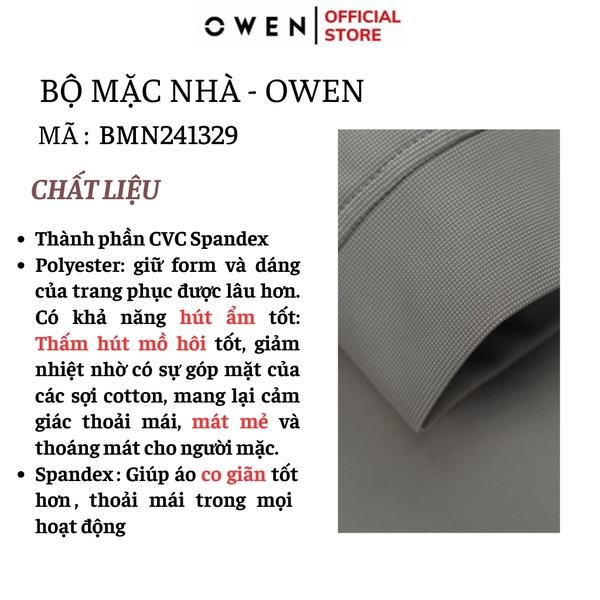 Bộ mặc nhà OWEN BMN241329 màu xám  dáng reguler fit cổ 3 phân kéo khóa bo chun gấu tay chất liệu Poly spandex