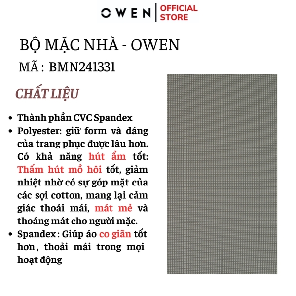 Bộ mặc nhà OWEN BMN241331 màu xám  dáng reguler fit cổ chui bo chun gấu tay chất liệu Poly spandex