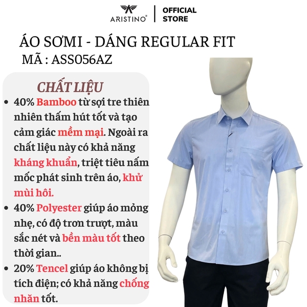 Áo Sơ Mi Nam Ngắn Tay Aristino ASS056AZ màu xanh solid dệt dobby