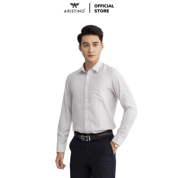 Áo Sơ Mi Nam Dài Tay Aristino ALS09102 màu trắng nâu dệt dobby dáng suông regular fit tà lượn có túi ngực chất liệu polyester