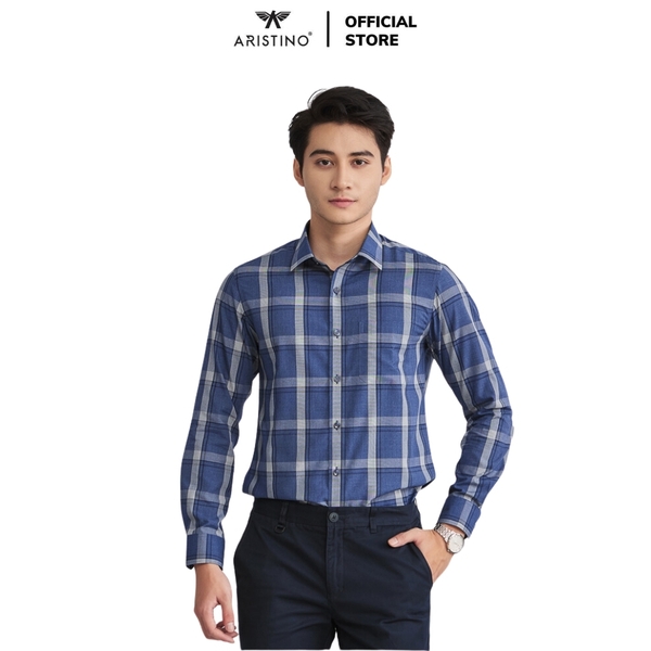 Áo Sơ Mi Nam Dài Tay Aristino ALS12802 màu xanh than kẻ trắng dáng suông regular fit tà lượn có túi ngực chất liệu sợi tre