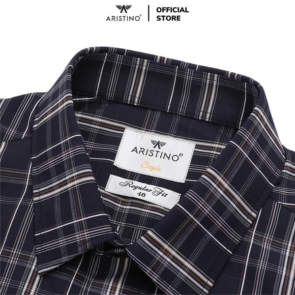 Áo Sơ Mi Nam Dài Tay Aristino ALS38502 màu xanh tím than kẻ caro dáng suông regular fit tà lượn có túi ngực chất liệu sợi tre