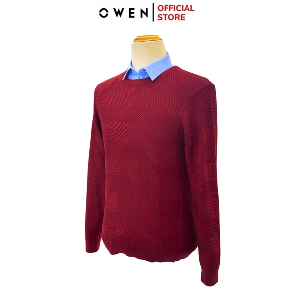 Áo len nam owen ALC241295 màu đỏ vân sọc chìm dáng suông regular fit cổ 3 phân chất liệu Acrylic