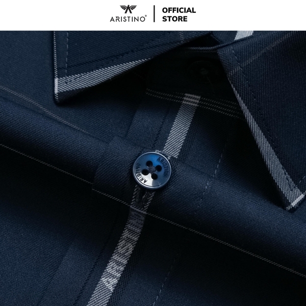 Áo Sơ Mi Nam Dài Tay Aristino ALS2150Z màu xanh tím than kẻ dáng ôm slim fit tà lượn không túi chất liệu sợi tre