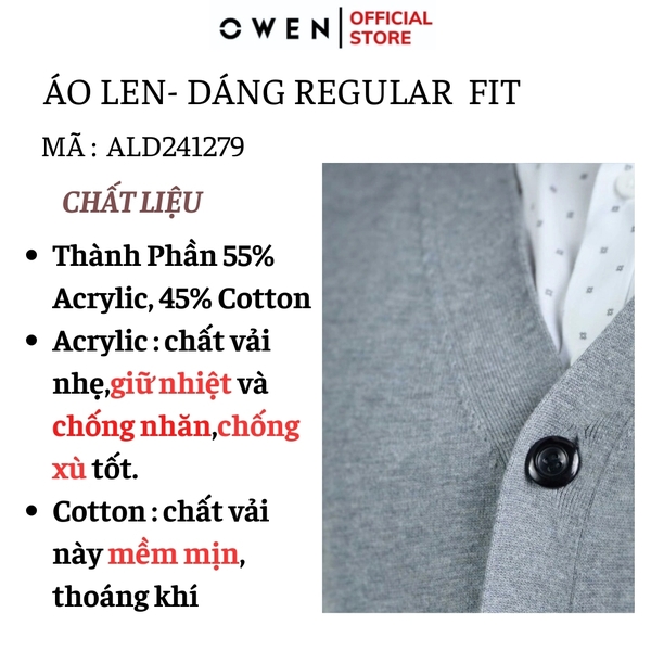 Áo len nam owen ALD241279 màu xám cài cúc dáng suông regular fit cổ V chất liệu Acrylic