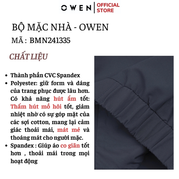 Bộ mặc nhà OWEN BMN241335 màu xanh đậm dáng reguler, áo cổ 3 phân, khóa kéo, tay và gấu bo chun, quần cạp chun ống suông chất liệu CVC spandex
