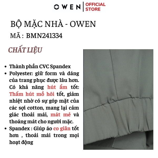 Bộ mặc nhà OWEN BMN241334 màu xanh xám dáng reguler, áo cổ 3 phân, khóa kéo, tay và gấu bo chun, quần cạp chun ống suông chất liệu CVC spandex