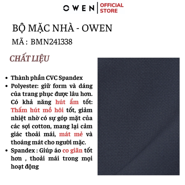 Bộ mặc nhà OWEN BMN241338 màu xanh than đậm dáng reguler, áo cổ 3 phân, khóa kéo, tay và gấu bo chun, quần cạp chun ống suông chất liệu CVC spandex