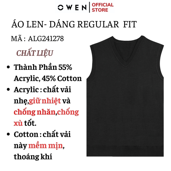 Áo len nam owen ALG241281 màu đen trơn áo gile cổ tim dáng suông regular fit chất liệu Acrylic