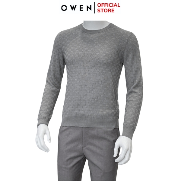 Áo len nam owen ALC241290 màu xám nhạt họa tiết dáng suông regular fit cổ tròn bo tay gấu chât liệu acrylic cotton