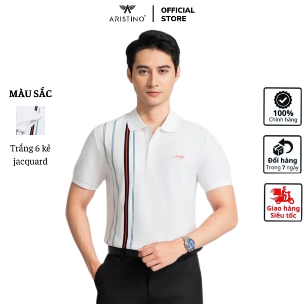 Áo Thun Polo Nam Cổ Bẻ Aristino APS048AZ Màu Trắng 6 kẻ Jacquard
