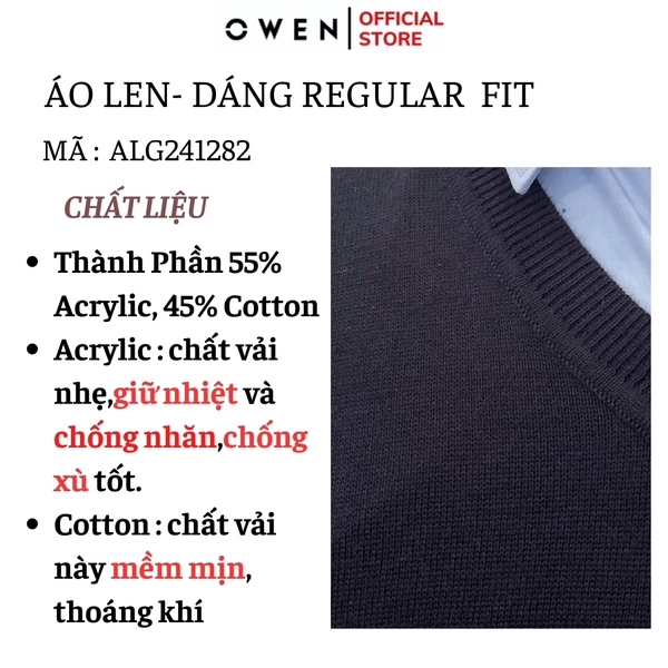Áo len nam owen ALG241282 màu xanh tím than áo gile cổ tim dáng suông regular fit chất liệu Acrylic