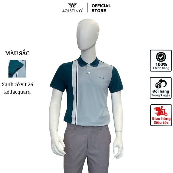 Áo Thun Polo Nam Cổ Bẻ Aristino APS052AZ Màu Xanh cổ vịt 26 kẻ Jacquard