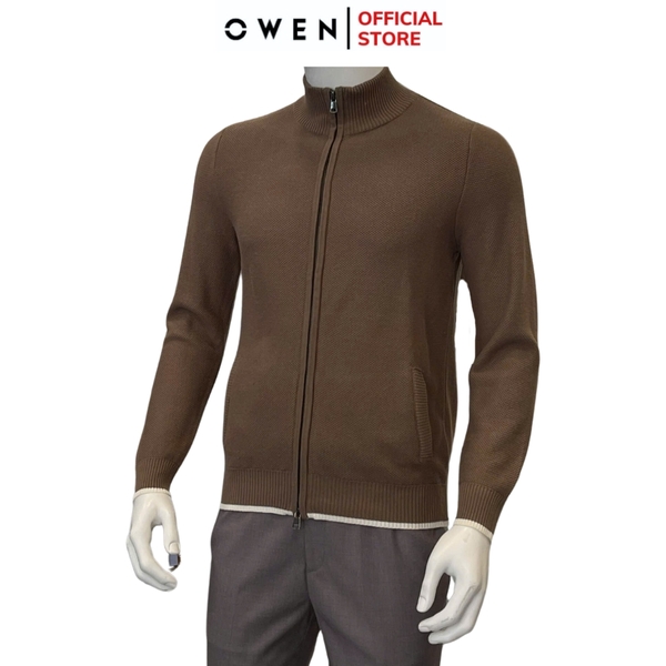 Áo len nam owen ALK241277 áo khoác len màu nâu dáng suông regular fit cổ 3 phân khóa kéo hai túi bo tay gấu chât liệu acrylic cotton