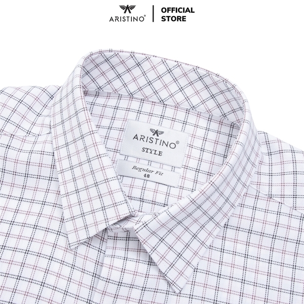Áo Sơ Mi Nam Dài Tay Aristino ALS09102 màu trắng nâu dệt dobby dáng suông regular fit tà lượn có túi ngực chất liệu polyester