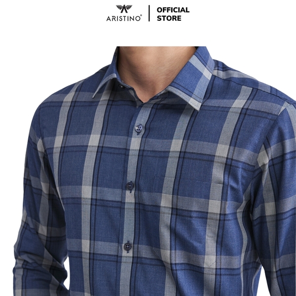 Áo Sơ Mi Nam Dài Tay Aristino ALS12802 màu xanh than kẻ trắng dáng suông regular fit tà lượn có túi ngực chất liệu sợi tre